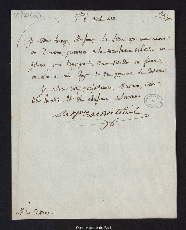 Lettre de Louis Le Tonnelier, baron de Breteuil, à Cassini IV, directeur de l'Observatoire, le 3 avril 1788