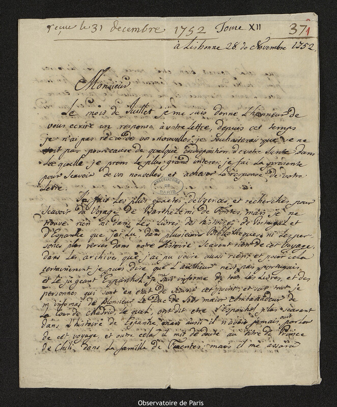 Lettre de Jean Chevalier à Joseph-Nicolas Delisle, Lisbonne, 28 novembre 1752