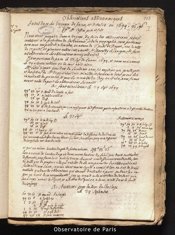 CASSINI I et CASSINI II.Observations astronomiques faites dans les voyages de France et d'Italie en 1694, 95, 96