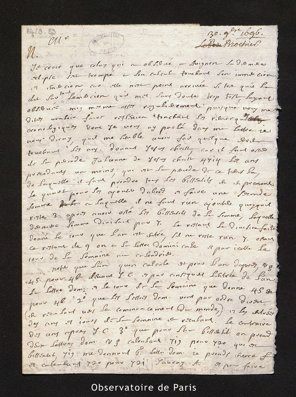 Lettre de Père G. Brochier à Cassini I, Aix le 30 nov. 1696