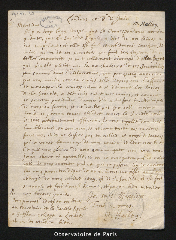 Lettre de Halley à Cassini I, Londres le 8 juin [1681]