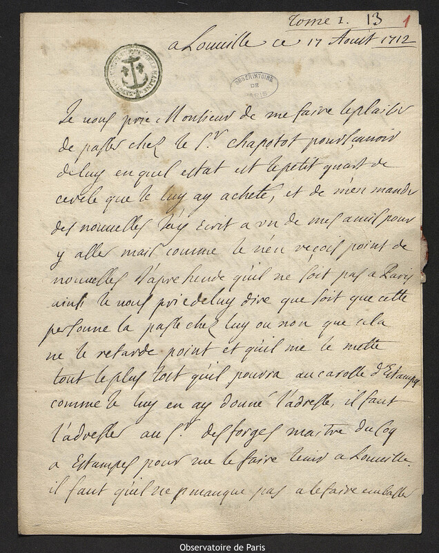 Lettre de Jacques d'Allonville de Louville à Joseph-Nicolas Delisle, Louville-la-Chenard, 17 août 1712