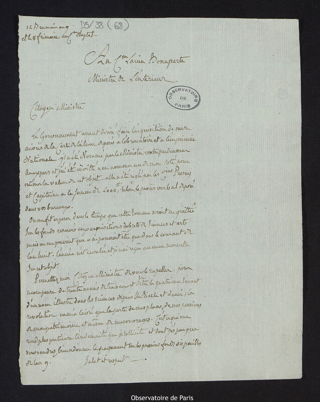 Lettre de Cassini IV à Lucien Bonaparte, ministre de l'Intérieur, 3 novembre 1800