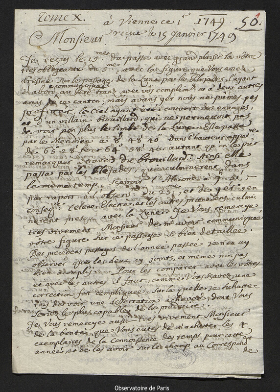 Lettre de Giovanni Giacomo Marinoni à Joseph-Nicolas Delisle, Vienne, 1 janvier 1749