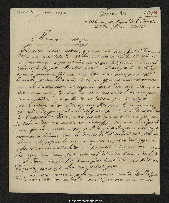 Lettre de Jean Chevalier à Joseph-Nicolas Delisle, Lisbonne, 27 mars 1753