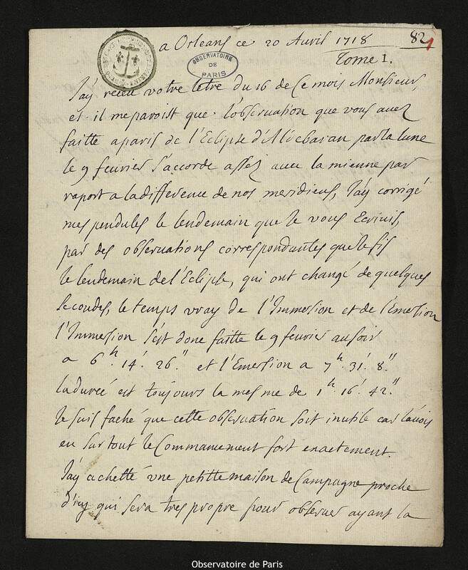 Lettre de Jacques d'Allonville de Louville à Joseph-Nicolas Delisle, Orléans, 20 avril 1718