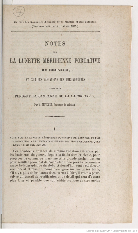 Notes sur la lunette meridienne portative de Brunner et sur les variations des chronomètres observées pendant la campagne de La Capricieuse