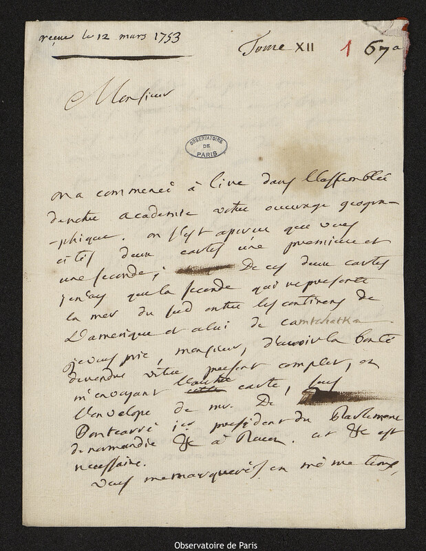 Lettre de Claude-Nicolas Le Cat à Joseph-Nicolas Delisle, Rouen, 10 mars 1753