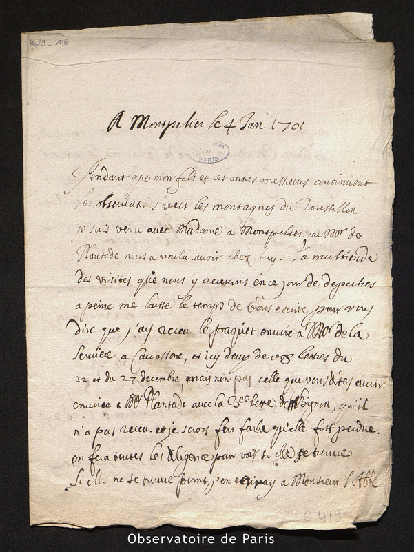 Lettre de Cassini I, Montpellier le 4 janvier 1701