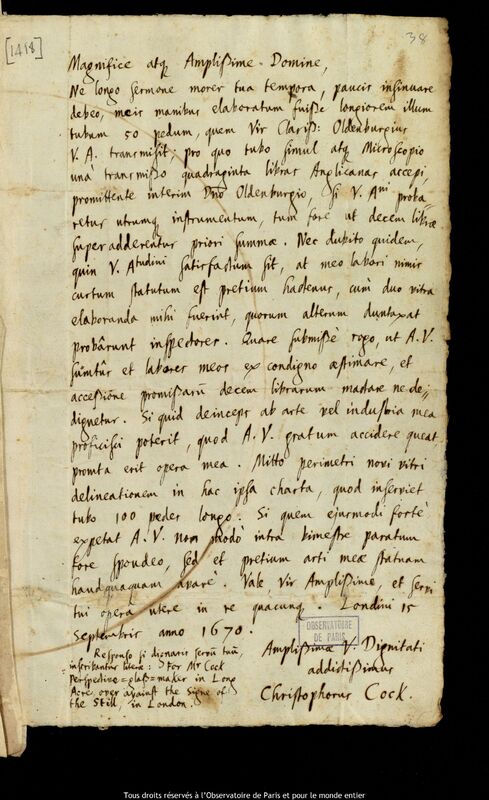 Lettre de Christopher Cock à Jan Heweliusz, Londres, 15 septembre 1670