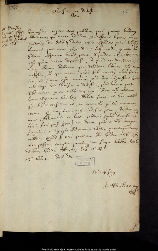 Lettre de Jan Heweliusz à Stanislaw Niewieski, Gdansk, 16 avril 1677