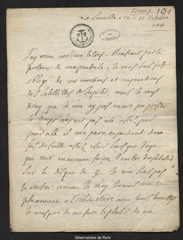 Lettre de Jacques d'Allonville de Louville à Joseph-Nicolas Delisle, Louville-la-Chenard, 11 octobre 1711