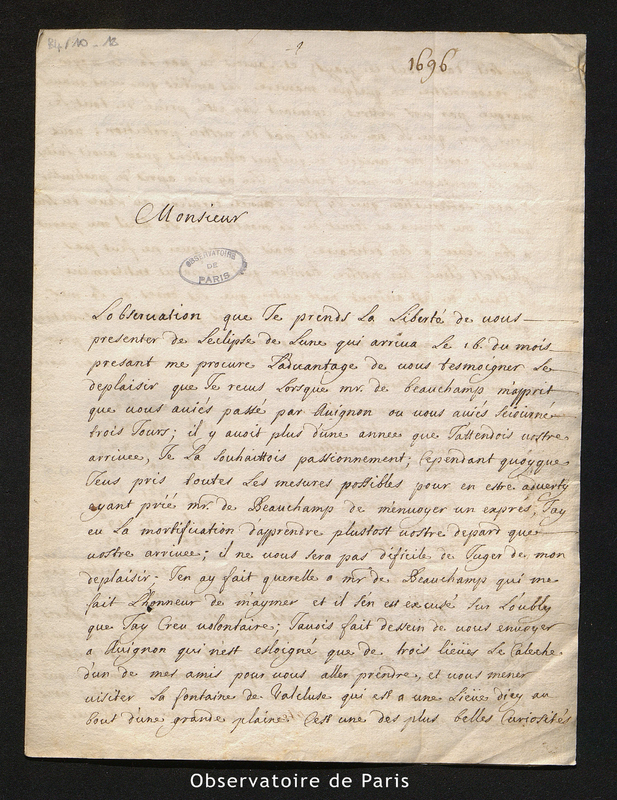 Lettre de Feuillée à Cassini I