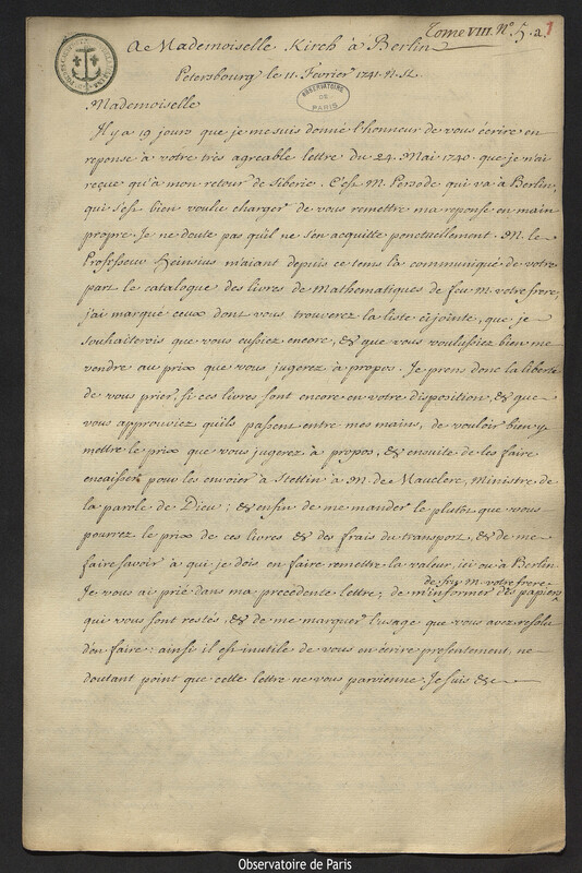 Lettre de Joseph-Nicolas Delisle à Christine Kirch, Saint-Pétersbourg,11 février 1741