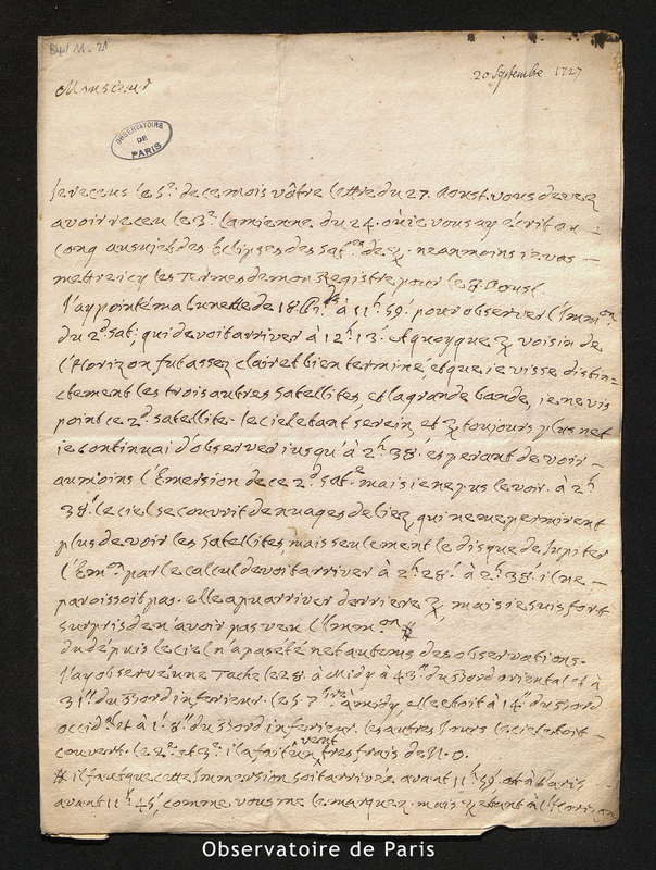 Lettre de Laval à Maraldi, Toulon le 20 septembre 1727