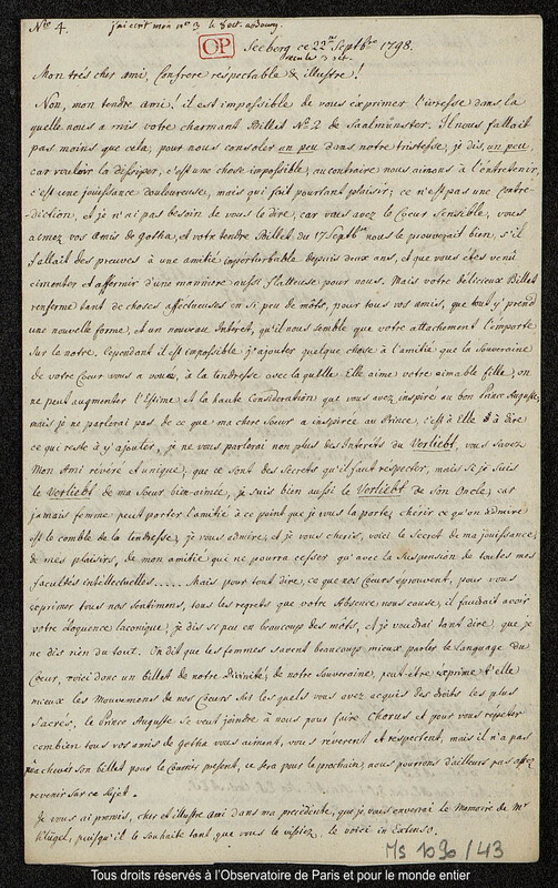 Lettre du baron Franz Xaver von Zach à Joseph Jérôme Le françois de Lalande Seeberg, 22 septembre 1798