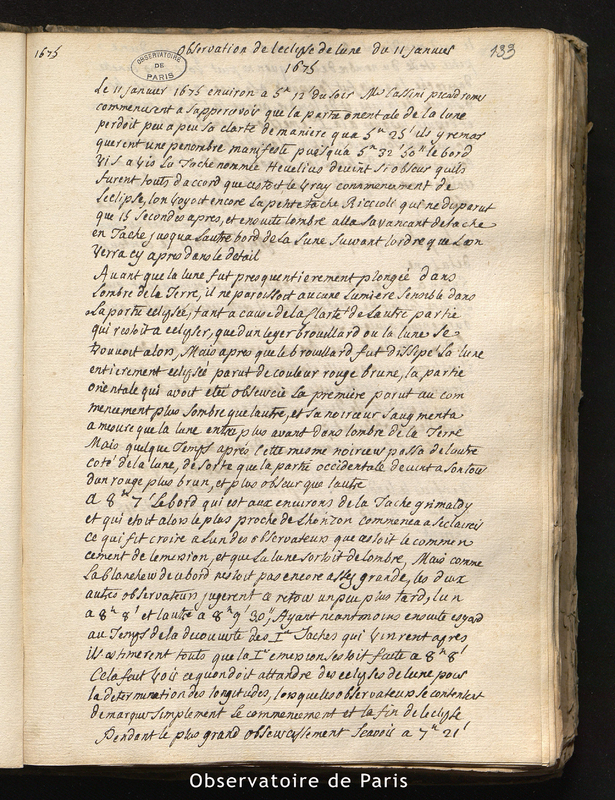 CASSINI I, PICARD et ROEMER. Observations de l'éclipse de Lune du 11 janvier 1675