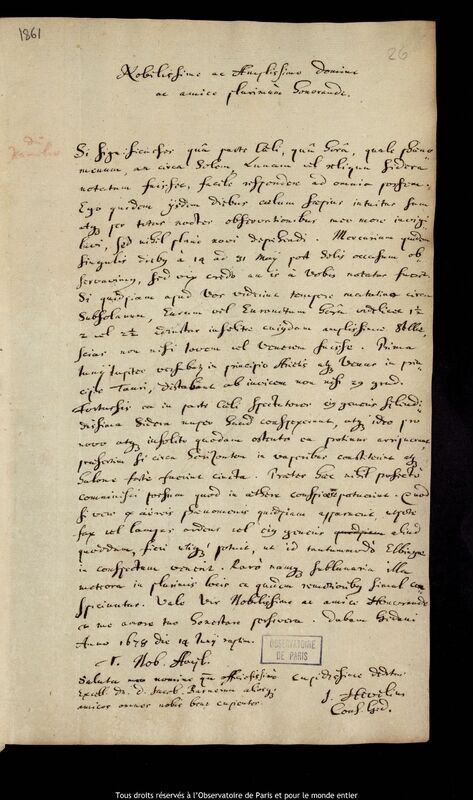 Lettre de Jan Heweliusz à Gottfried Zamel, Gdansk, 14 juin 1678