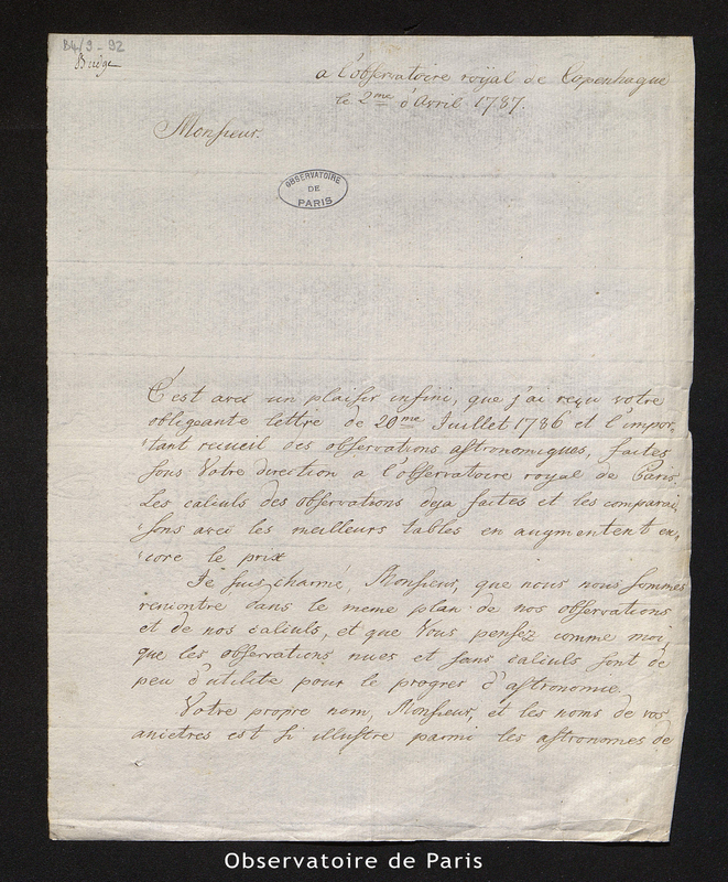 Lettre de Bugge à Cassini IV, Copenhague le 2 avril 1787