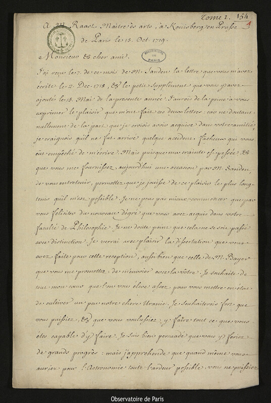 Lettre de Joseph-Nicolas Delisle à Georg Heinrich Rast, Paris, 15 octobre 1719