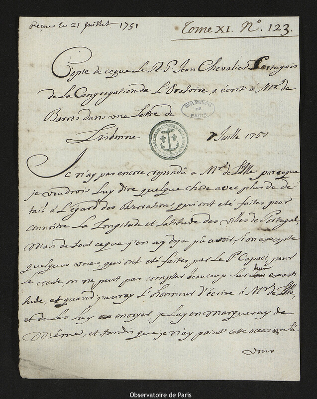 Lettre de Jean Chevalier à José Joaquim Soares de Barros e Vasconcellos, Lisbonne, 7 juillet 1751