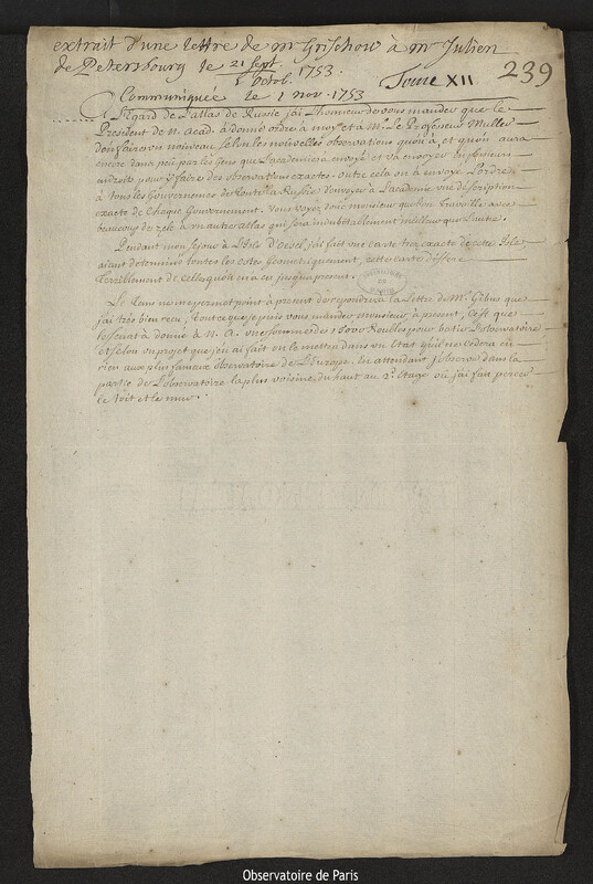 Lettre de Augustin Nathanael Grischow à Roch-Joseph Julien, éditeur et marchand de cartes géographiques,Saint-Pétersbourg, 1 octobre 1753