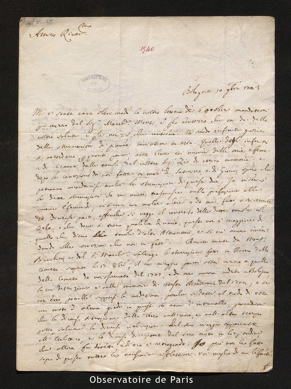 Lettre de Manfredi à Maraldi, Bologne le 10 novembre 1723