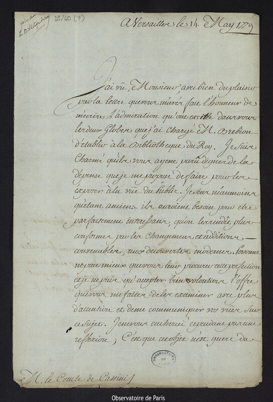 Lettre de Charles de la Billarderie, comte d'Angiviller, à Cassini IV, à Versailles le 14 mai 1779