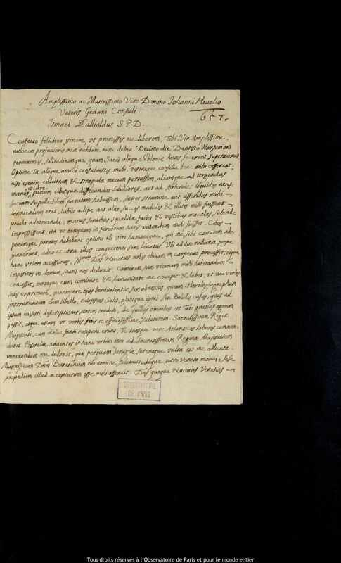 Lettre d'Ismaël Boulliau à Jan Heweliusz, Varsovie, 9 mai 1661