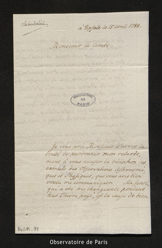 Lettre de Melanderhielm à M. le comte [de Cassini], Uppsala le 15 avril 1788