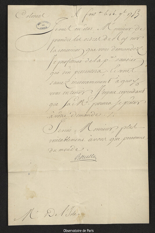 Lettre de Antoine Louis Rouillé à Joseph-Nicolas Delisle, Fontainebleau, 14 novembre 1753