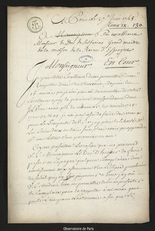 Lettre de Joseph-Nicolas Delisle à Francesco Gonzaga, duc de Solférino, Paris, 27 juin 1748