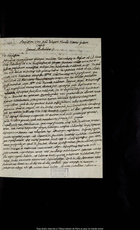 Lettre d'Ismaël Boulliau à Jan Heweliusz, Paris, 18 janvier 1675