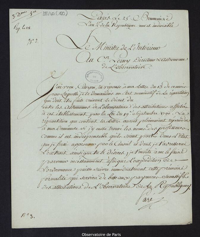 Lettre du Ministre de l'Intérieur au Citoyen Perny, directeur astronome de l'Observatoire, à Paris le 14 novembre 1793