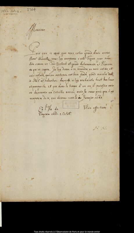 Lettre d’un auteur non identifié à un destinataire non identifié, Île de Virginia, Lac de Varese, 2 octobre 1662