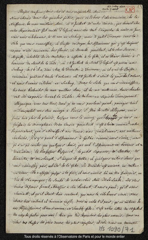 Lettre du baron Franz Xaver von Zach à Joseph Jérôme Le françois de Lalande [Gotha], 23 juillet 1800