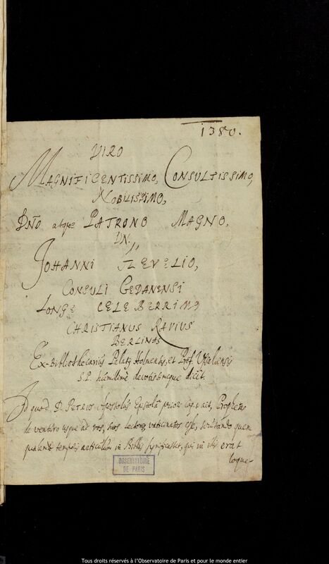 Lettre de Christian Raue à Jan Heweliusz, Uppsala, 14 juin 1667