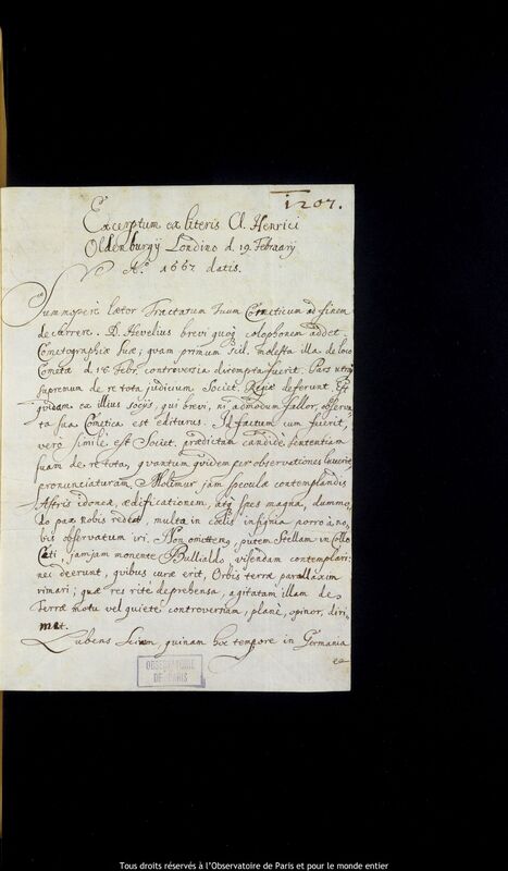 Lettre de Stanislaw Lubieniecki à Jan Heweliusz, Hambourg, 15 avril 1667