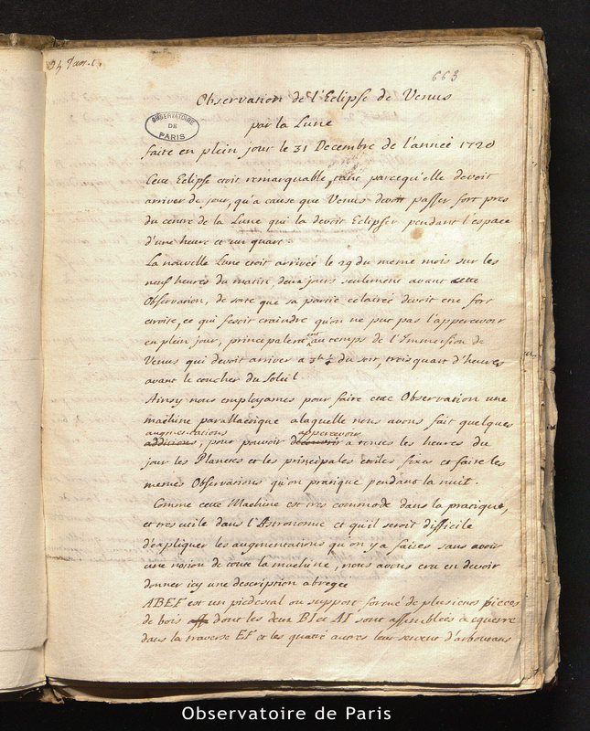 CASSINI II. Observations de l'éclipse de Vénus par la Lune faite en plein jour le 31 décembre de l'année 1720