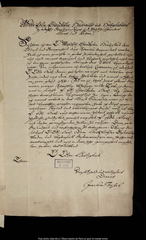 Lettre de Joachim Frisich à Jan Heweliusz, Torun, 1674