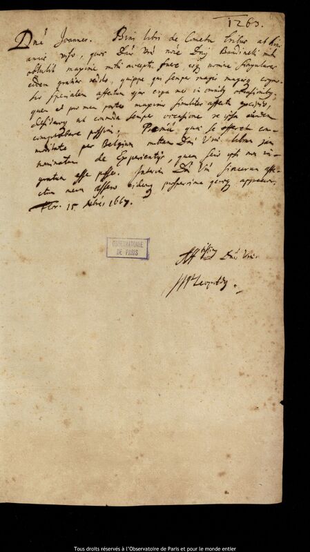 Lettre de Leopoldo de' Medici à Jan Heweliusz, Florence, 15 novembre 1667