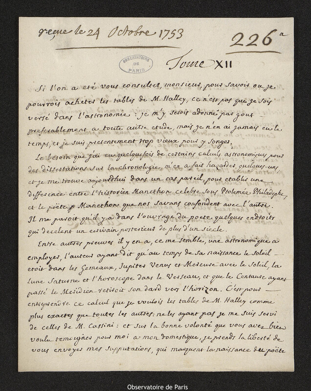 Lettre de Louis Jouard de La Nauze à Joseph-Nicolas Delisle, Paris, 24 octobre 1753