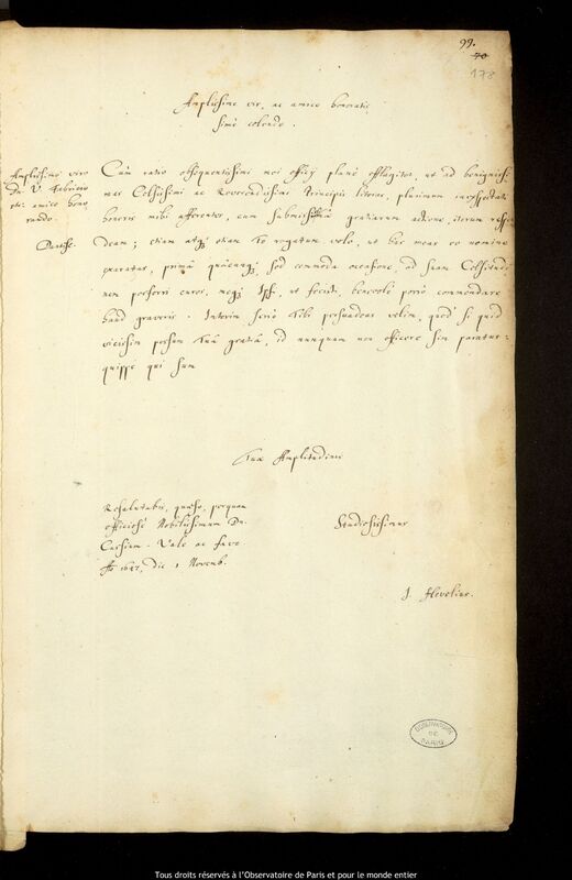 Lettre de Jan Heweliusz à Vinzenz Faber, Gdansk, 1er novembre 1647