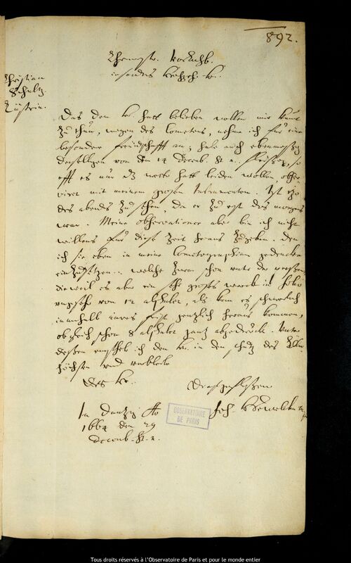 Lettre de Jan Heweliusz à Christian Schultz, Gdansk, 29 décembre 1664