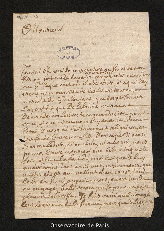 Lettre de Lalande à Maraldi, Lumeau le avril 1723