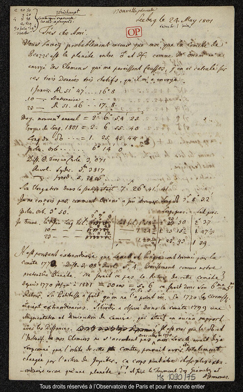 Lettre du baron Franz Xaver von Zach à Joseph Jérôme Le françois de Lalande Seeberg, 24 mai 1801