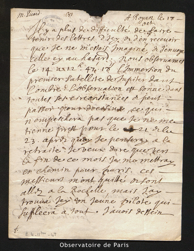 Lettre de Picard à Cassini I, Royan le 18 octobre 1680