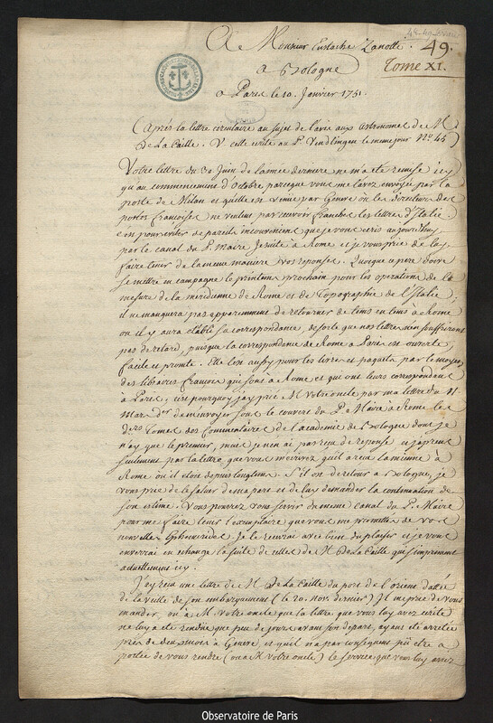 Lettre de Joseph-Nicolas Delisle à Eustachio Zanotti, Paris, 10 janvier 1751