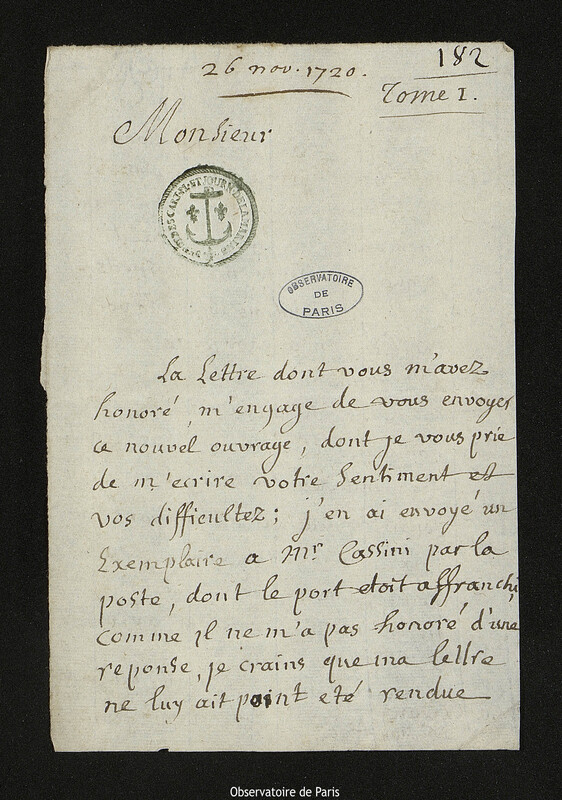 Lettre de Jean de Hautefeuille à Joseph-Nicolas Delisle, Orléans, 26 novembre 1720