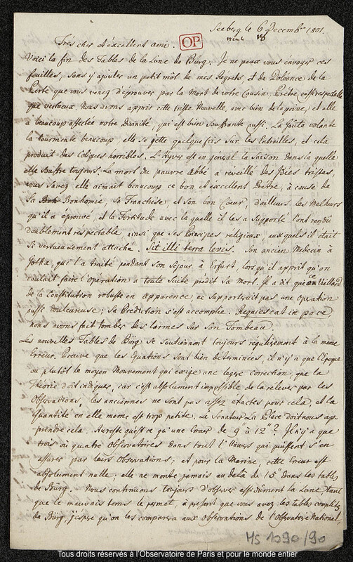 Lettre du baron Franz Xaver von Zach à Joseph Jérôme Le françois de Lalande Seeberg, 6 décembre 1801